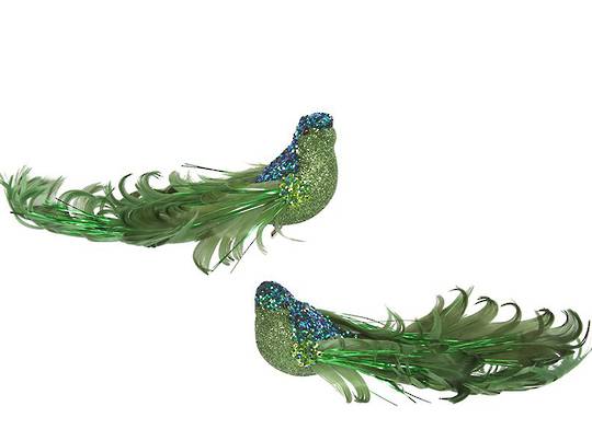 Clip, Green Glitter & Curly Feather Bird 14cm